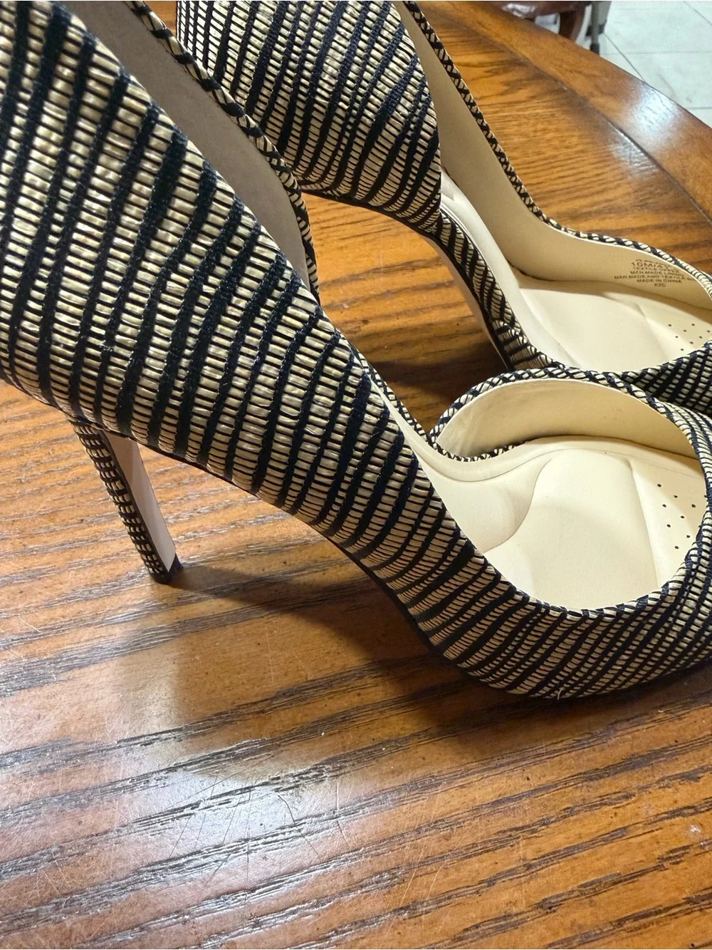 Striped Black and Nude Pointed Toe Stiletto Heels - Women